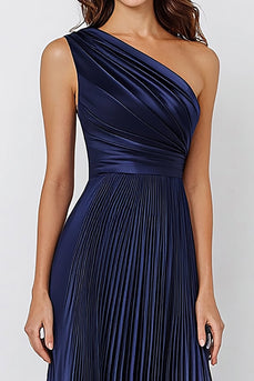 Navy Satin A Line Pleated One Shoulder Long Formal Dress