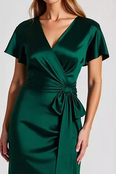 Dark Green Sheath V-Neck Satin Long Formal Dress with Bowknot