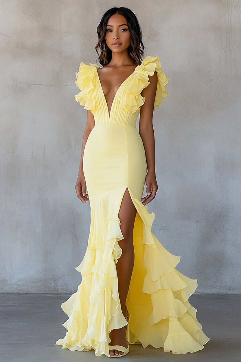 Queendancer Women Yellow Chiffon Mermaid Long Formal Dress with Slit  Ruffled Deep V-Neck Prom Dress with Short Sleeves  queendanceruk