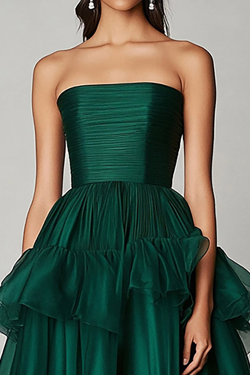 Load image into Gallery viewer, Dark Green A Line Tulle Strapless Tiered Long Formal Dress