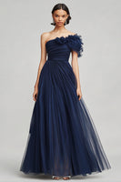 Load image into Gallery viewer, Navy Tulle A Line One Shoulder Long Formal Dress with Ruffles