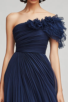 Navy Tulle A Line One Shoulder Long Formal Dress with Ruffles