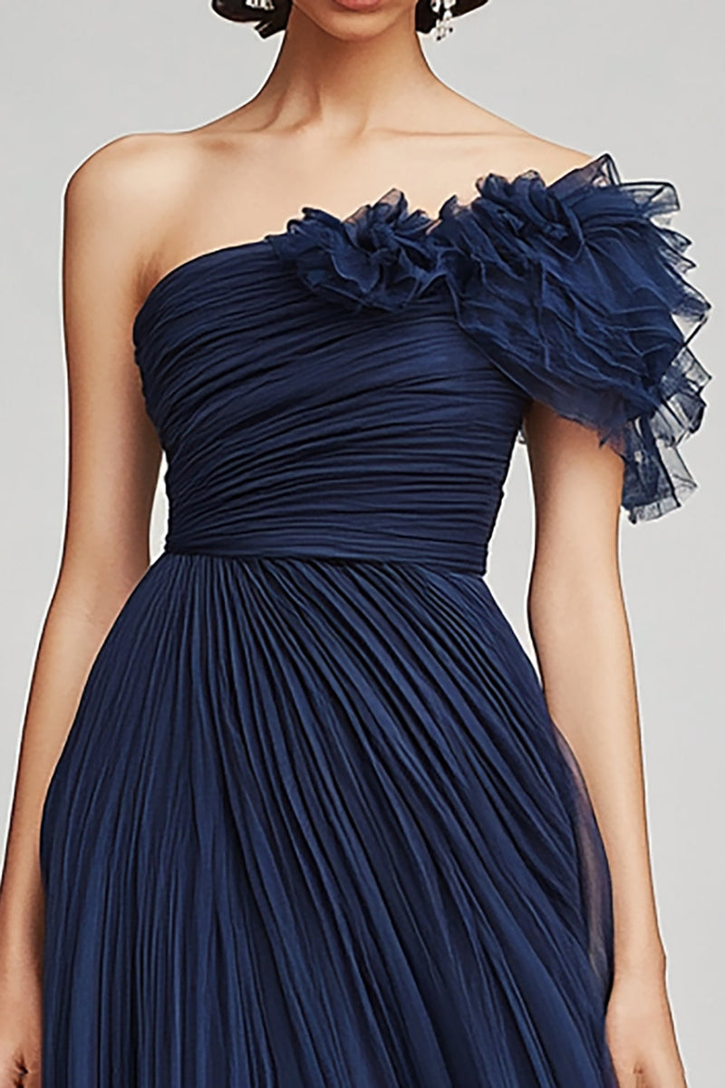 Load image into Gallery viewer, Navy Tulle A Line One Shoulder Long Formal Dress with Ruffles