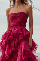 Load image into Gallery viewer, Fuchsia Tulle A Line Tiered Ruched Long Formal Dress