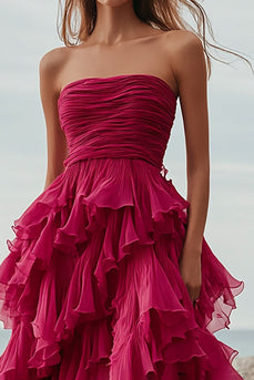 Fuchsia Tulle A Line Tiered Ruched Long Formal Dress