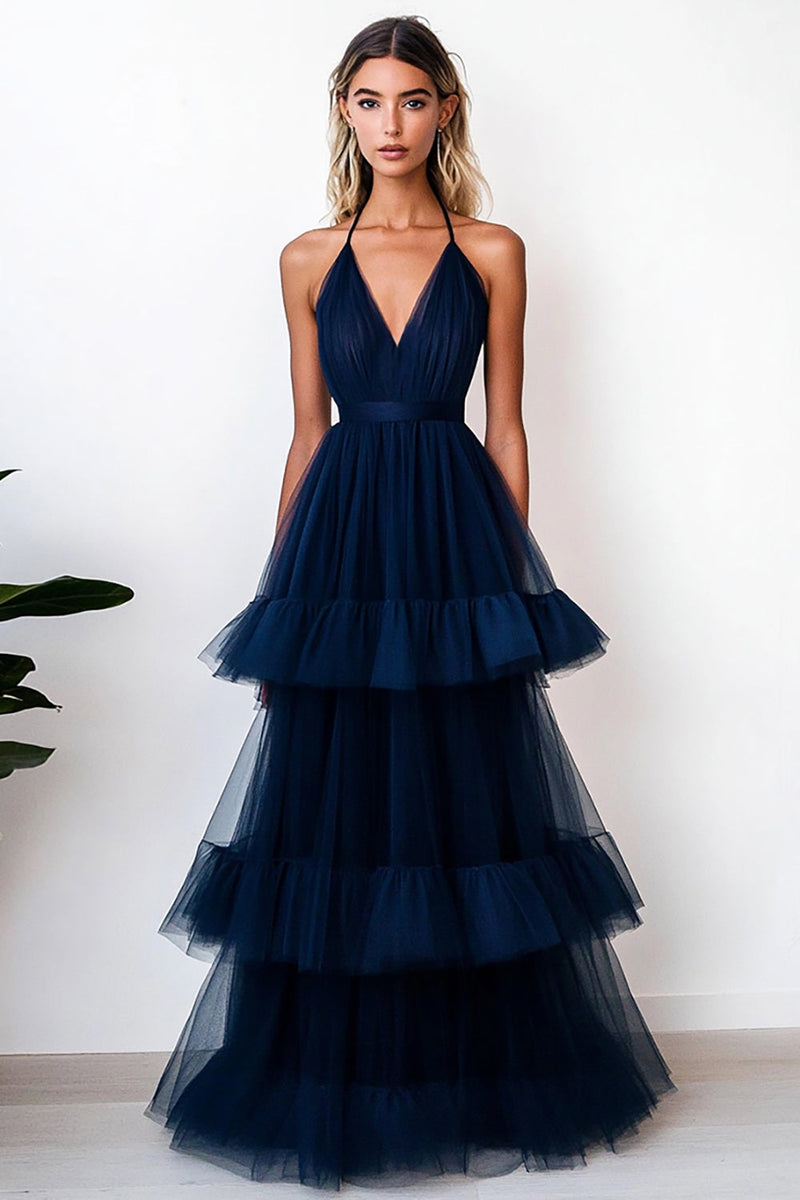 Load image into Gallery viewer, Navy Tiered V-Neck Tulle A Line Long Formal Dress