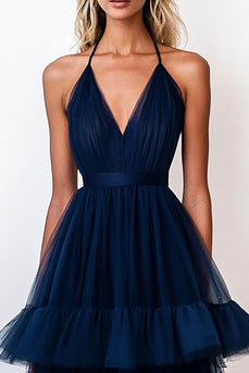 Navy Tiered V-Neck Tulle A Line Long Formal Dress