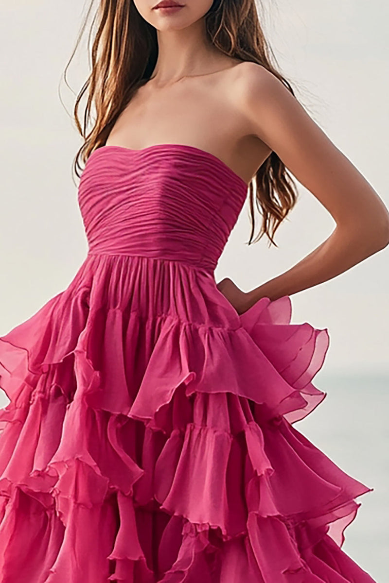 Load image into Gallery viewer, Fuchsia Strapless Tulle A Line Long Formal Dress