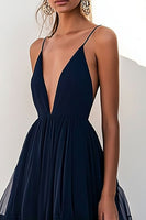 Load image into Gallery viewer, Navy Tulle Spaghetti Straps Tiered Long Formal Dress