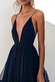 Navy Tulle Spaghetti Straps Tiered Long Formal Dress