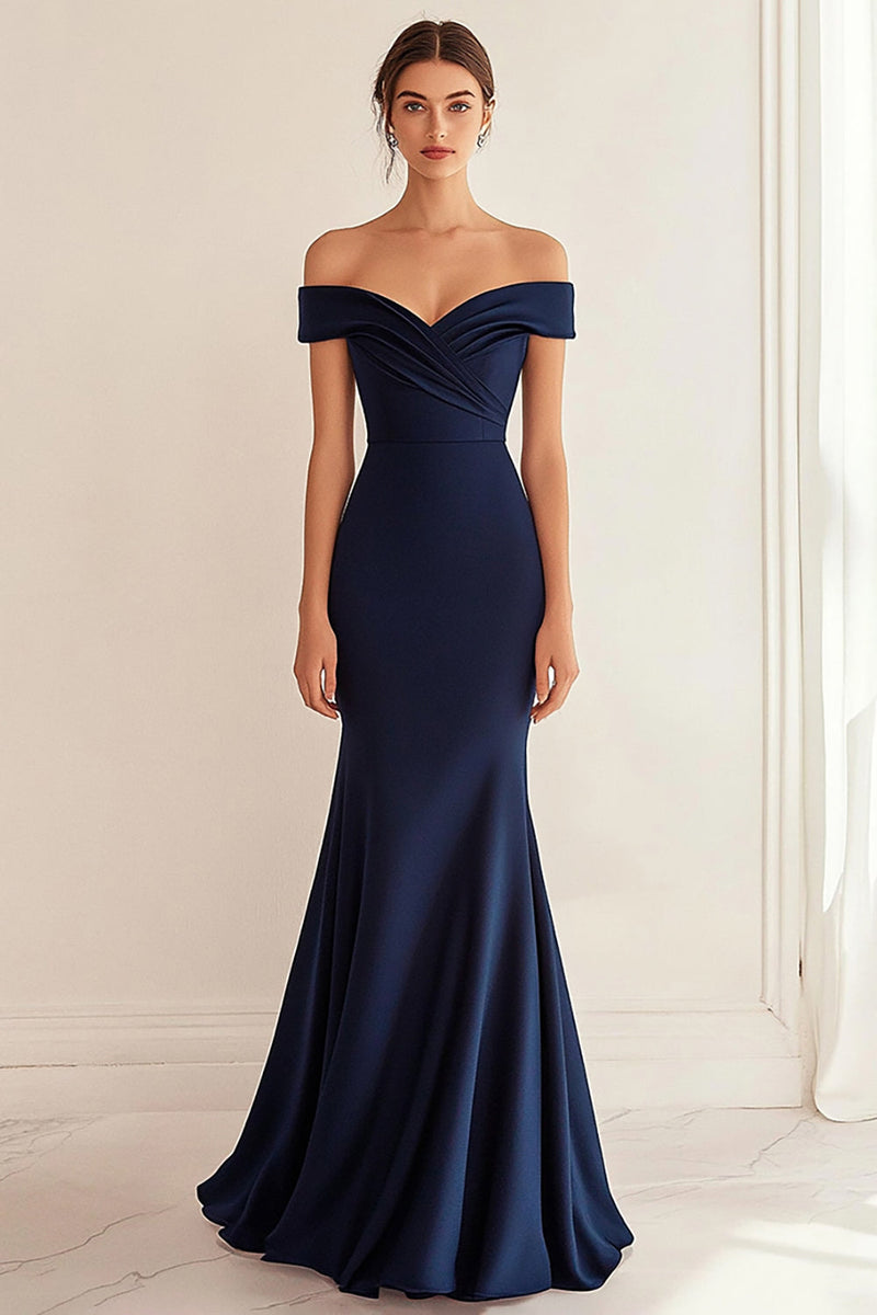 Load image into Gallery viewer, Navy Off the Shoulder Satin Mermaid Long Formal Dress