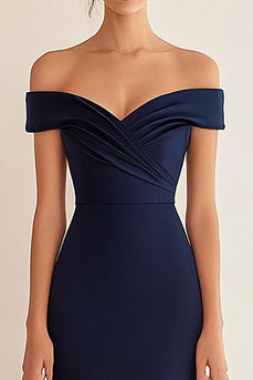 Navy Off the Shoulder Satin Mermaid Long Formal Dress