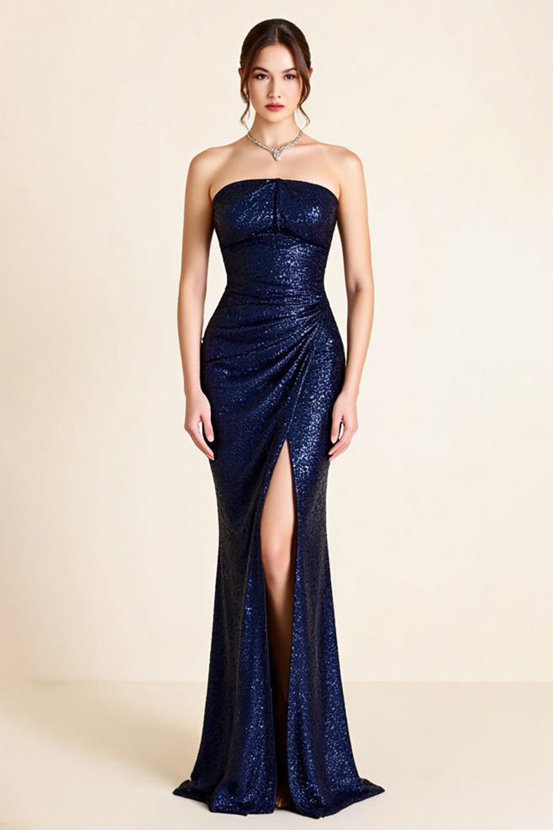 Load image into Gallery viewer, Navy Sequins Sheath Strapless Long Formal Dress with Slit
