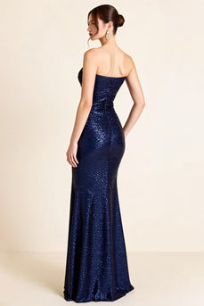 Navy Sequins Sheath Strapless Long Formal Dress with Slit