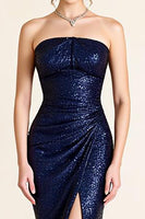 Load image into Gallery viewer, Navy Sequins Sheath Strapless Long Formal Dress with Slit