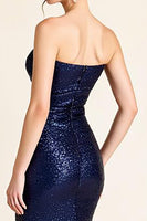 Load image into Gallery viewer, Navy Sequins Sheath Strapless Long Formal Dress with Slit