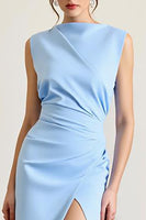 Load image into Gallery viewer, Sky Blue Sheath Ruched Long Formal Dress with Slit