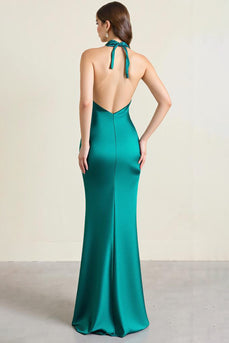 Green Satin Sheath Keyhole Backless Long Formal Dress with Slit