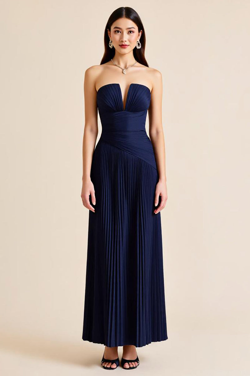 Load image into Gallery viewer, Navy Pleated A Line Strapless Long Formal Dress