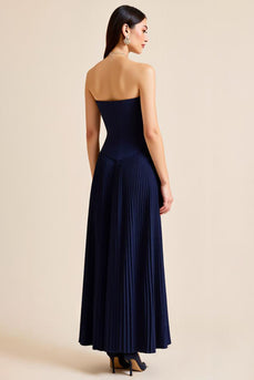 Navy Pleated A Line Strapless Long Formal Dress