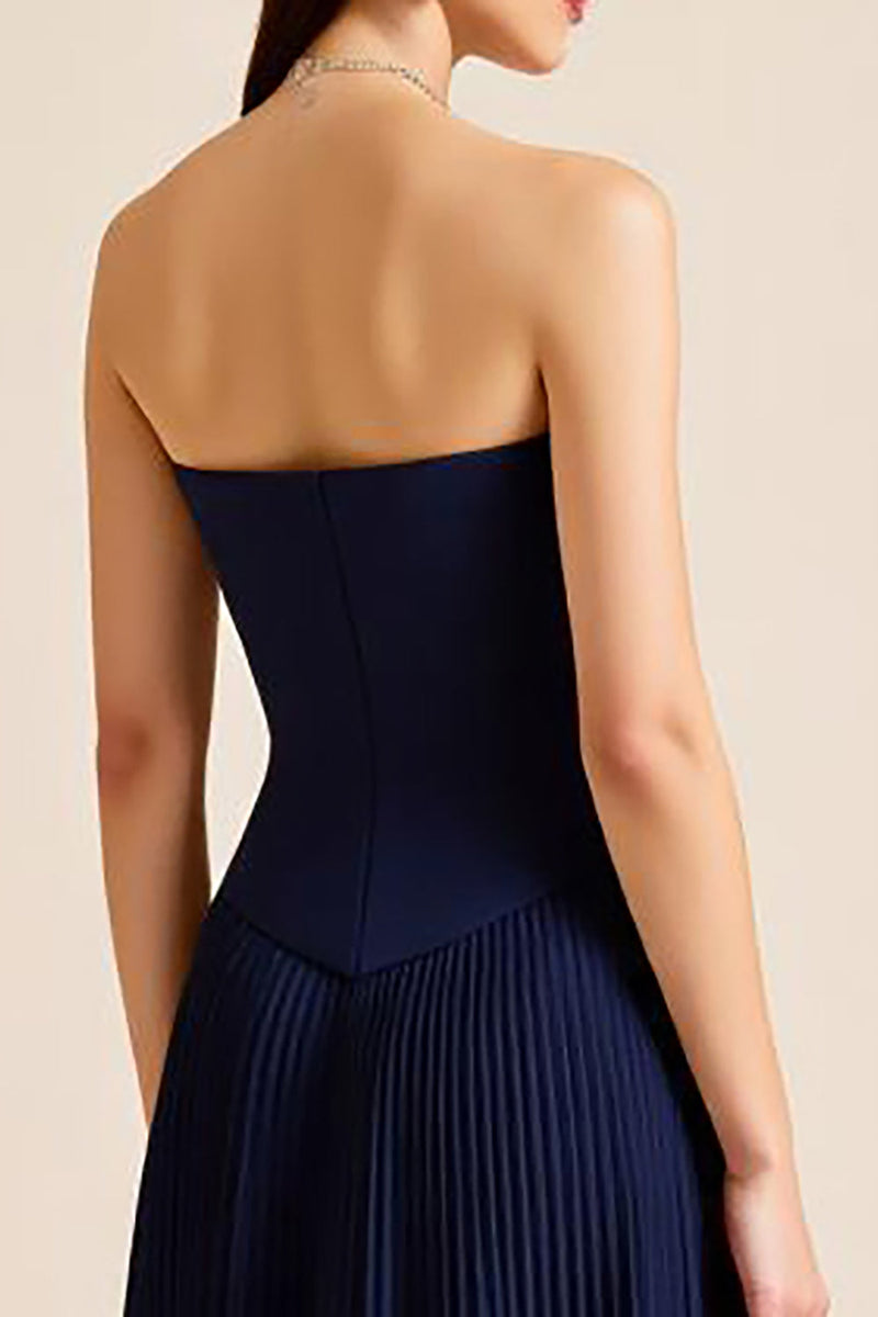 Load image into Gallery viewer, Navy Pleated A Line Strapless Long Formal Dress
