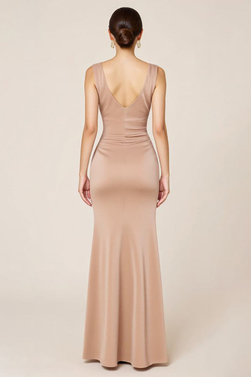 Load image into Gallery viewer, Neutral Satin Sheath Boat Neck Long Formal Dress with Slit