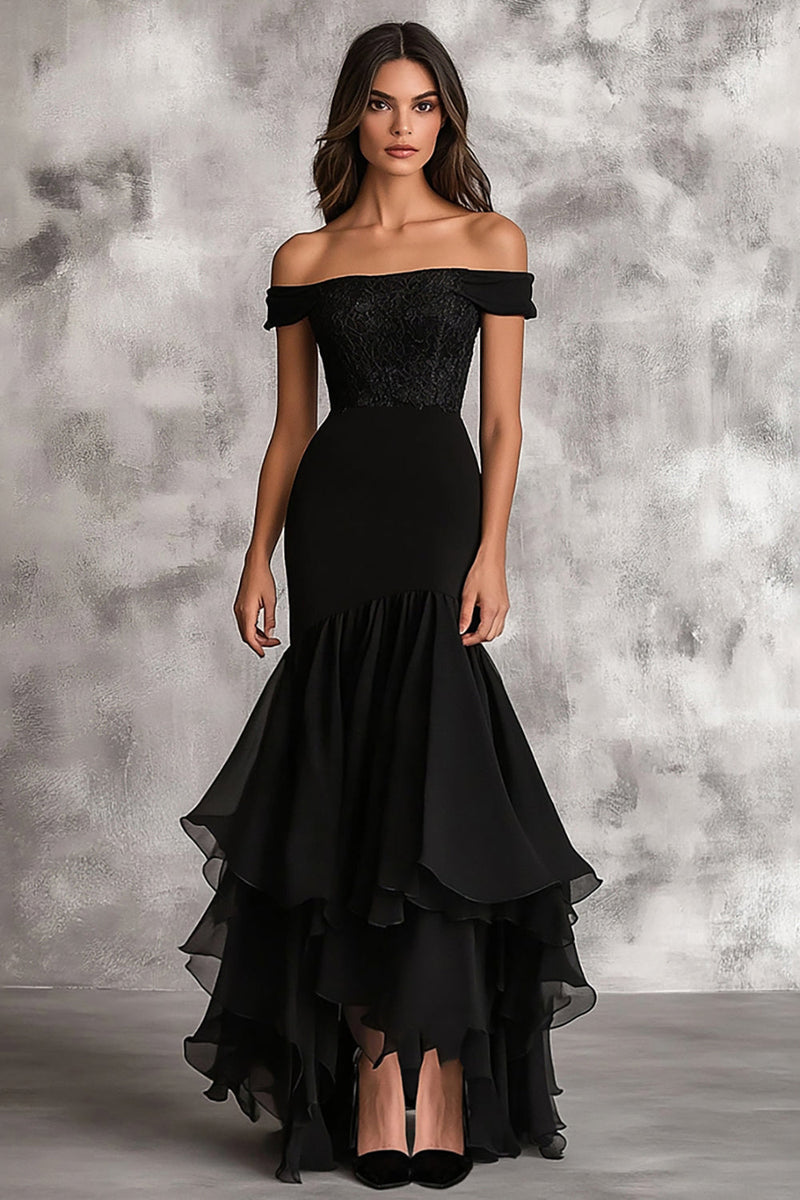 Load image into Gallery viewer, Black Mermaid Chiffon Appliqued Long Formal Dress