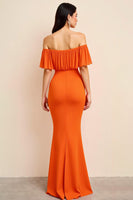 Load image into Gallery viewer, Orange Sheath Off the Shoulder Pleated Long Formal Dress