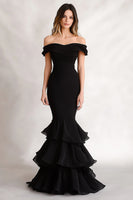 Load image into Gallery viewer, Black Tiered Mermaid Off the Shoulder Long Formal Dress