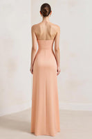 Load image into Gallery viewer, Peach A Line Chiffon Deep V-Neck Ruched Long Formal Dress