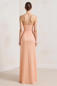 Peach A Line Chiffon Deep V-Neck Ruched Long Formal Dress