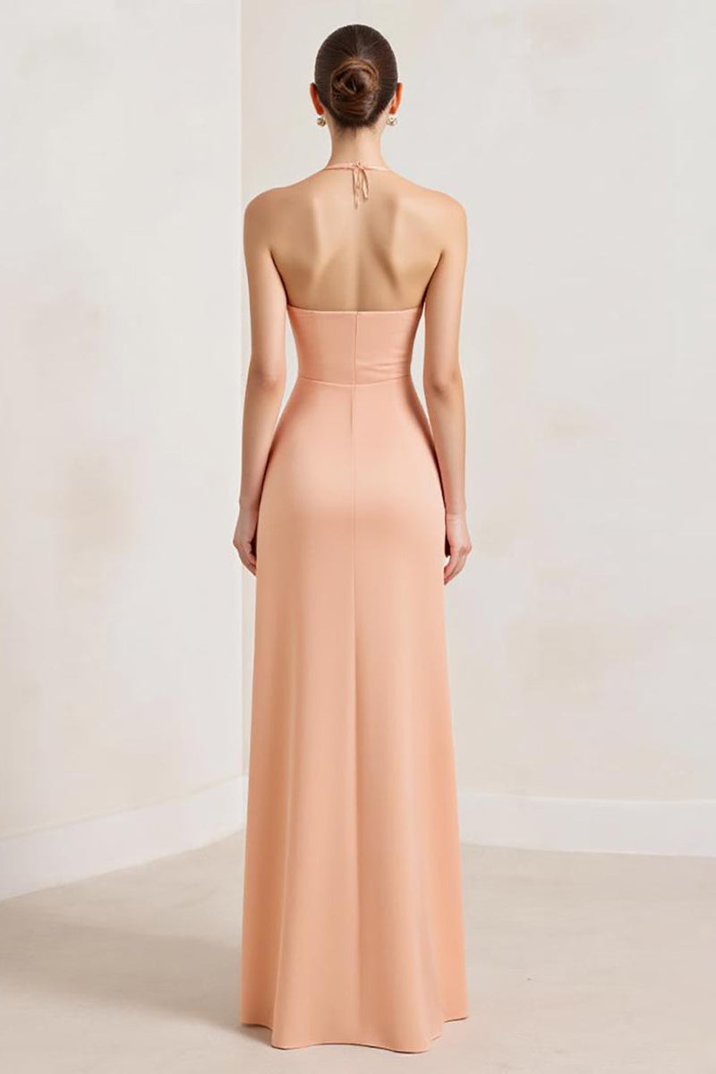 Load image into Gallery viewer, Peach A Line Chiffon Deep V-Neck Ruched Long Formal Dress