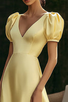 Load image into Gallery viewer, Yellow V-Neck A Line Satin Long Formal Dress with Puff Sleeves