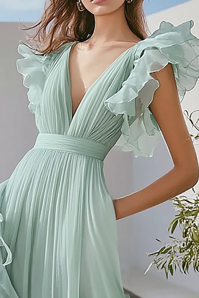 Load image into Gallery viewer, Light Green Tulle V-Neck Long Formal Dress with Ruffles