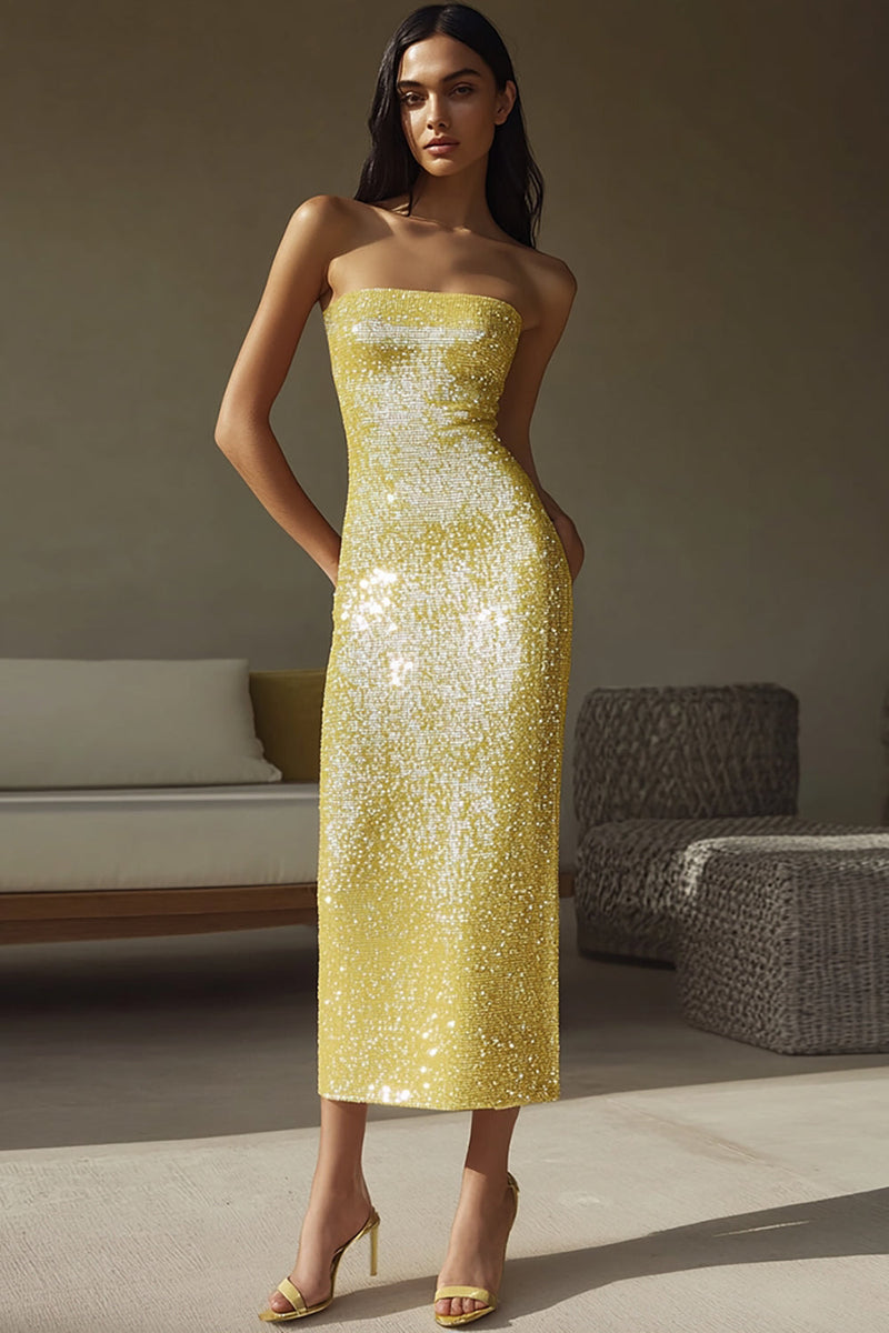 Load image into Gallery viewer, Yellow Sequins Sheath Strapless Long Formal Dress