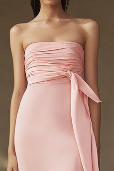 Pink Sheath Chiffon Ruched Strapless Long Formal Dress with Cap