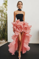 Load image into Gallery viewer, Black&Pink Chiffon High Low Strapless Tiered Formal Dress