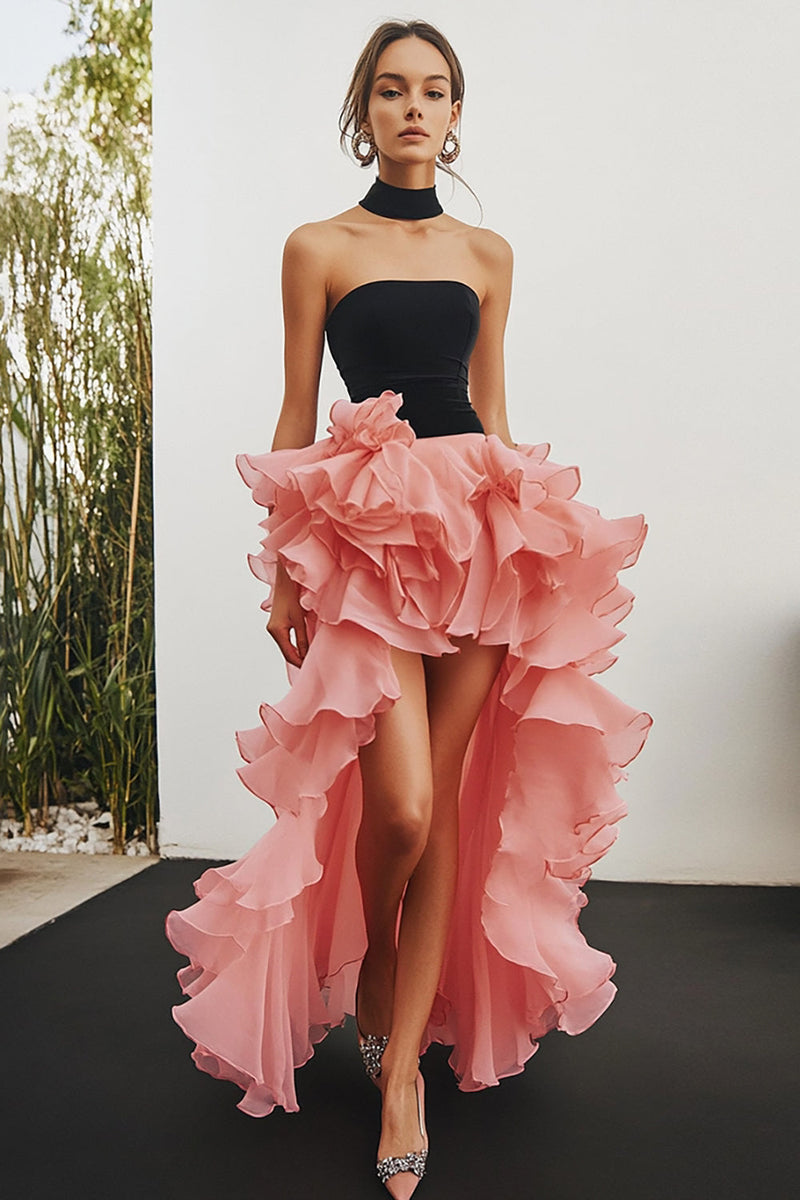 Load image into Gallery viewer, Black&Pink Chiffon High Low Strapless Tiered Formal Dress