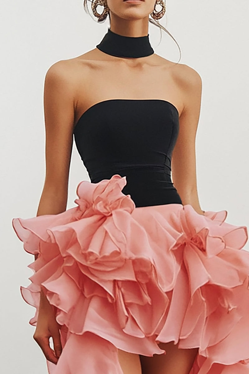 Load image into Gallery viewer, Black&Pink Chiffon High Low Strapless Tiered Formal Dress