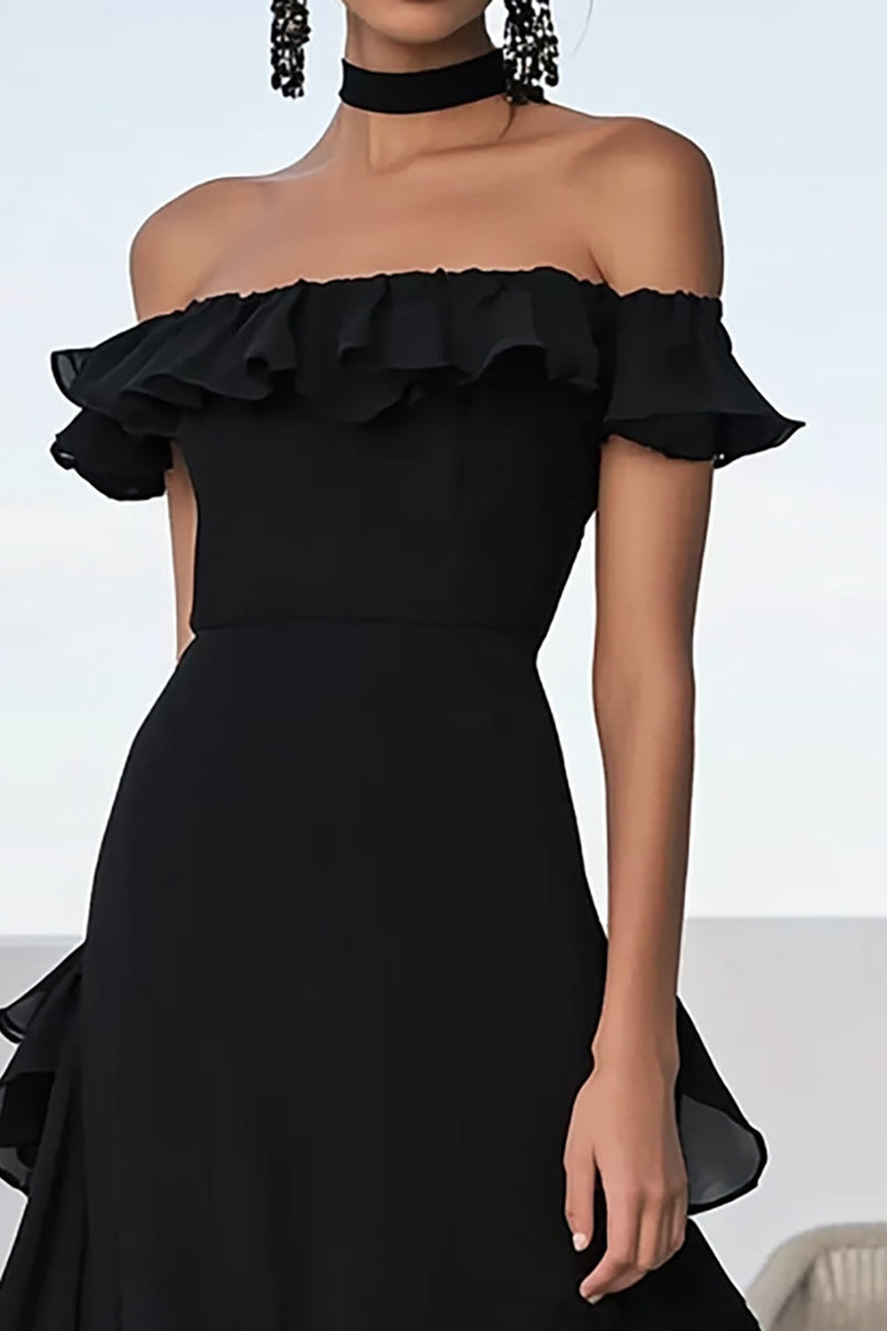Load image into Gallery viewer, Black Off the Shoulder Chiffon A Long Formal Dress