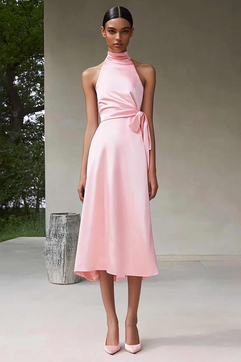 Load image into Gallery viewer, Pink Satin A Line Halter Long Formal Dress