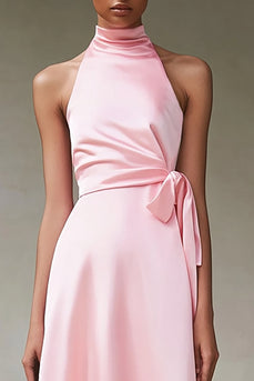 Pink Satin A Line Halter Long Formal Dress