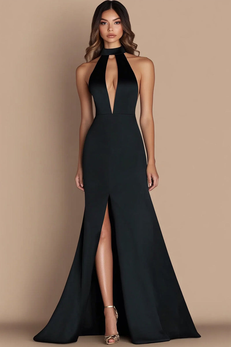 Load image into Gallery viewer, Simple Halter Satin Keyhole Long Black Tie Dress with Slit