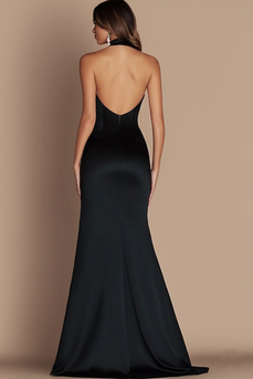 Simple Halter Satin Keyhole Long Black Tie Dress with Slit
