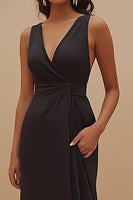 Load image into Gallery viewer, Satin V-Neck Long Satin Black Tie Dress
