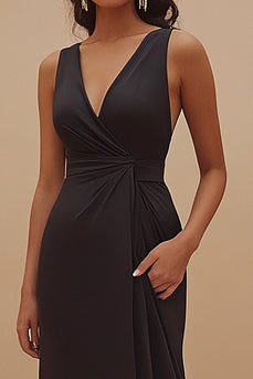 Satin V-Neck Long Satin Black Tie Dress