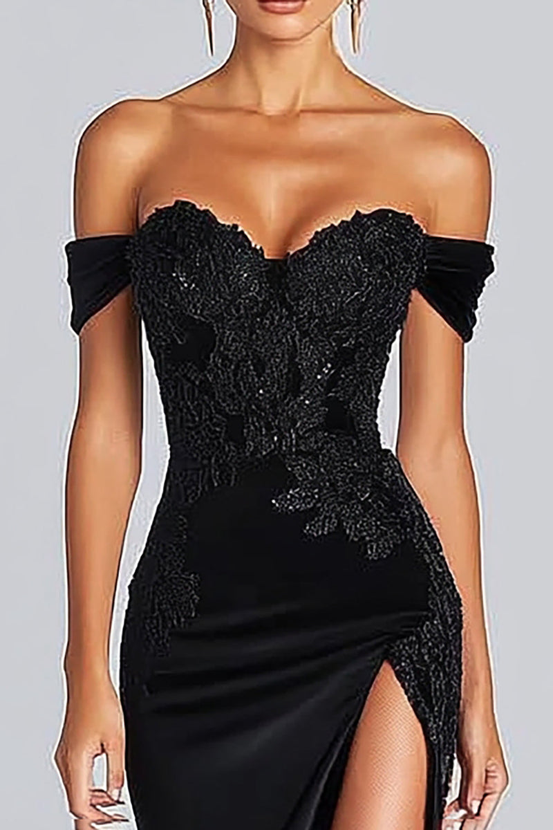 Load image into Gallery viewer, Off the Shoulder Appliqued Long Satin Black Tie Gala Dress with Slit