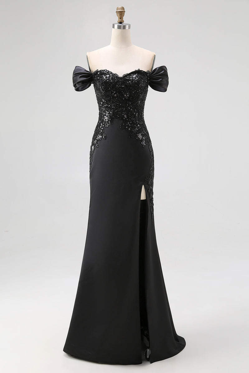 Load image into Gallery viewer, Off the Shoulder Appliqued Long Satin Black Tie Gala Dress with Slit
