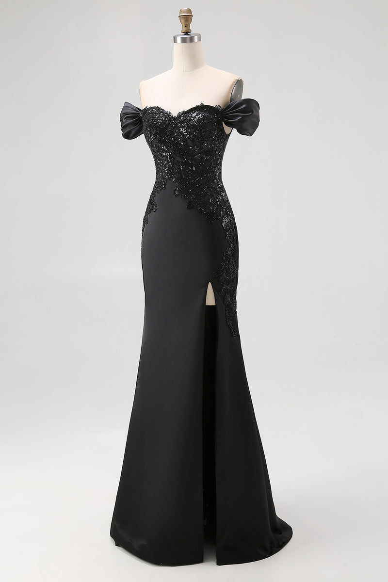 Load image into Gallery viewer, Satin Off the Shoulder Appliqued Long Black Tie Gala Dress with Slit
