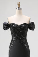 Load image into Gallery viewer, Satin Off the Shoulder Appliqued Long Black Tie Gala Dress with Slit